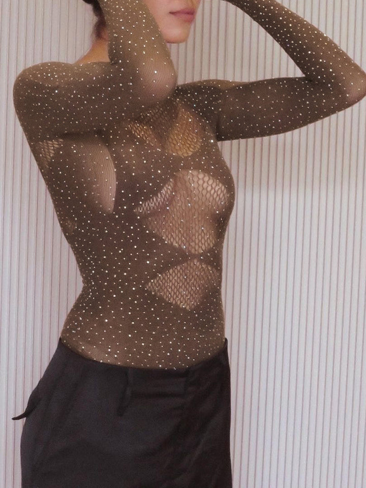 Parlak Taşlı Transparan Bodysuit