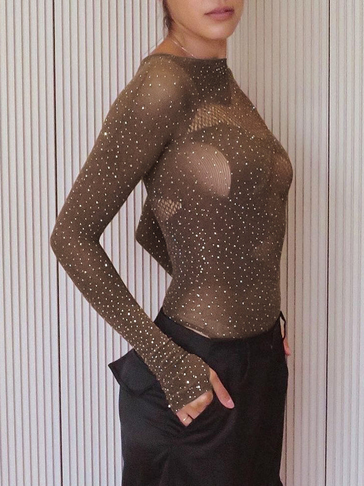 Parlak Taşlı Transparan Bodysuit