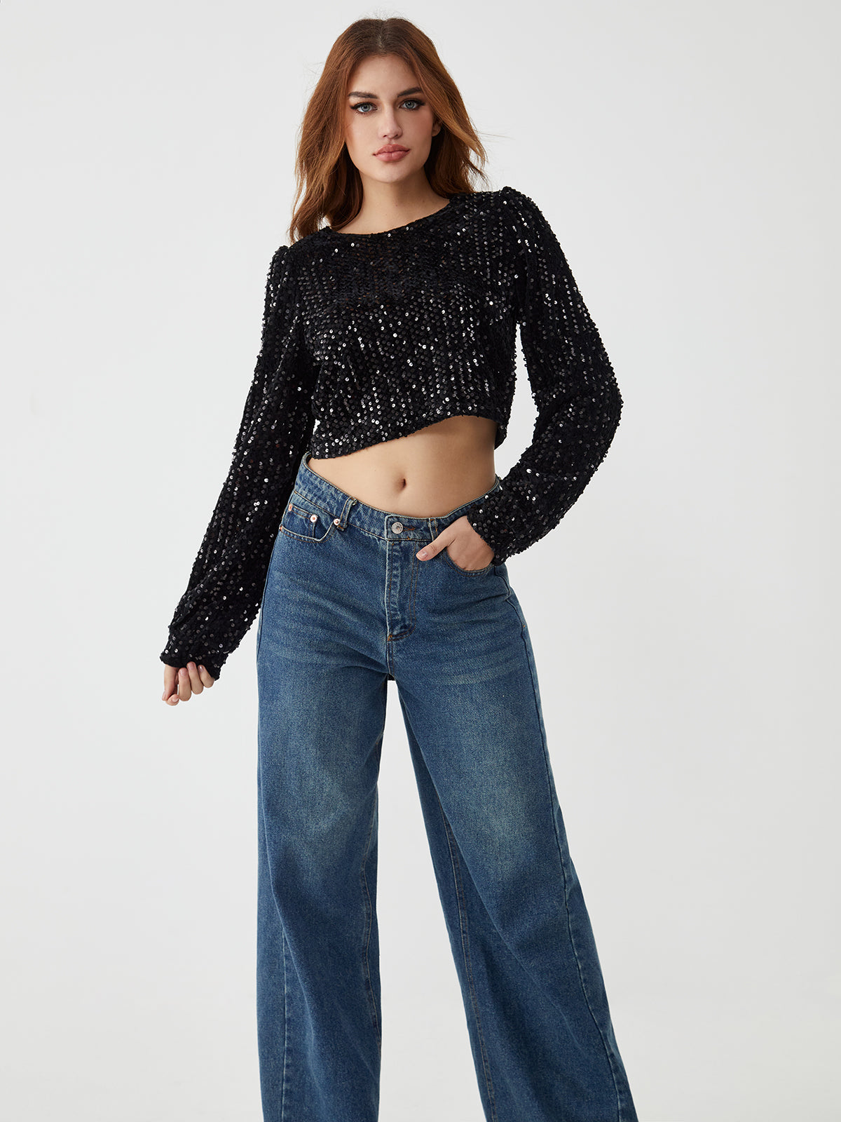 Payet Uzun Kollu Sırtı Açık Crop Top