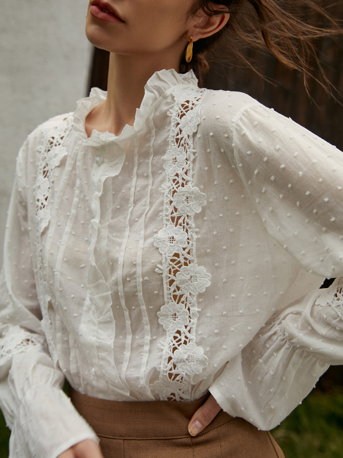 Frenchy Swiss Dot Lace Trim Flare Sleeve Shirt