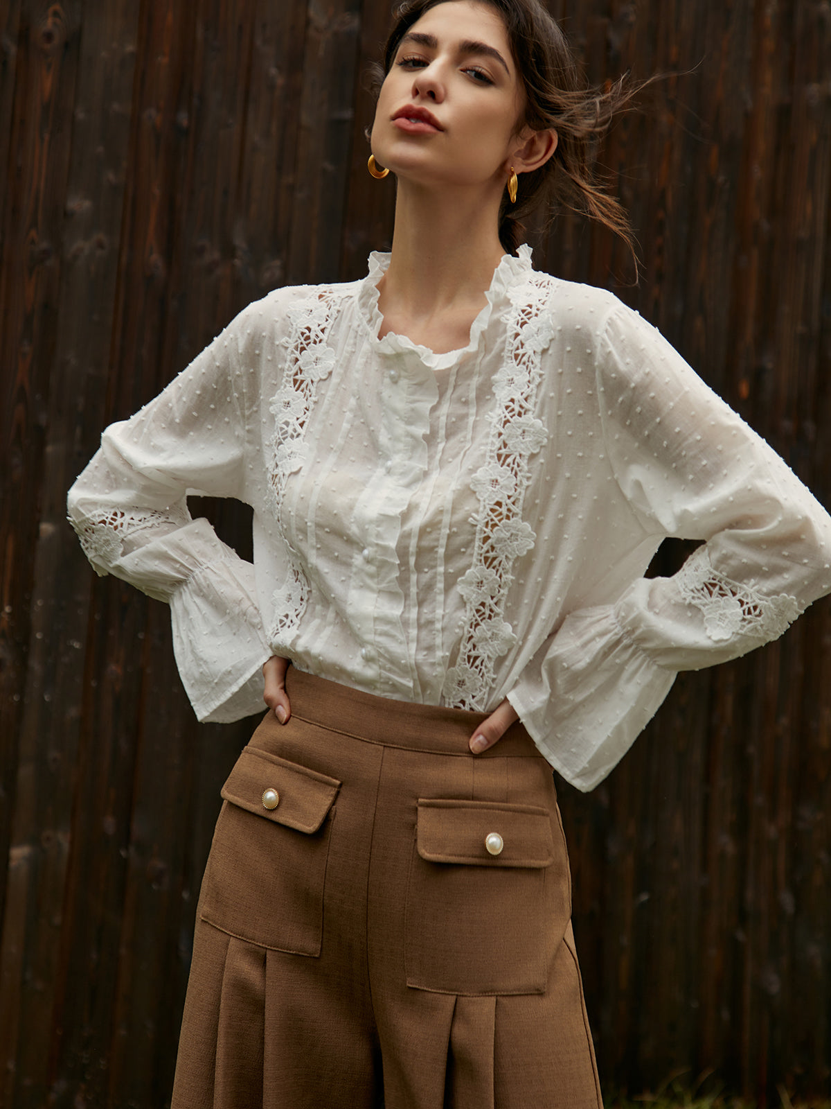 Frenchy Swiss Dot Lace Trim Flare Sleeve Shirt