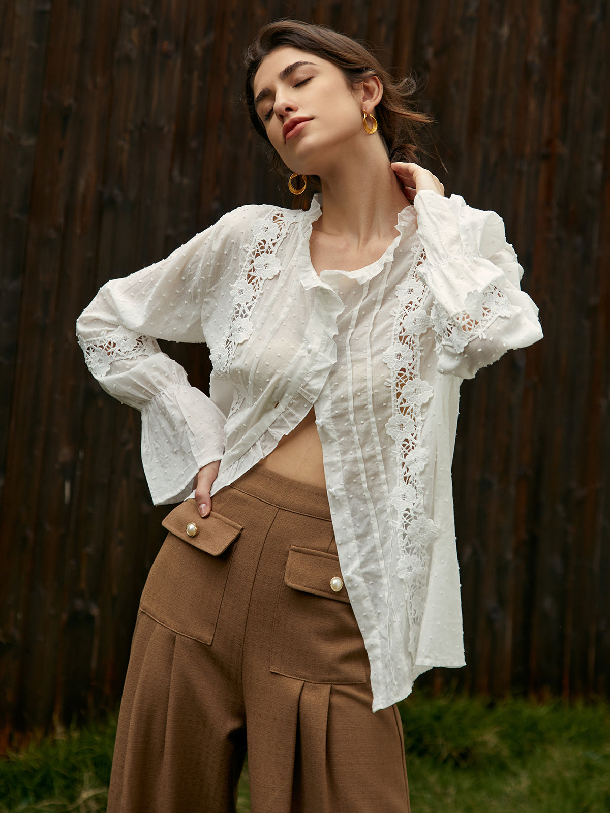 Frenchy Swiss Dot Lace Trim Flare Sleeve Shirt