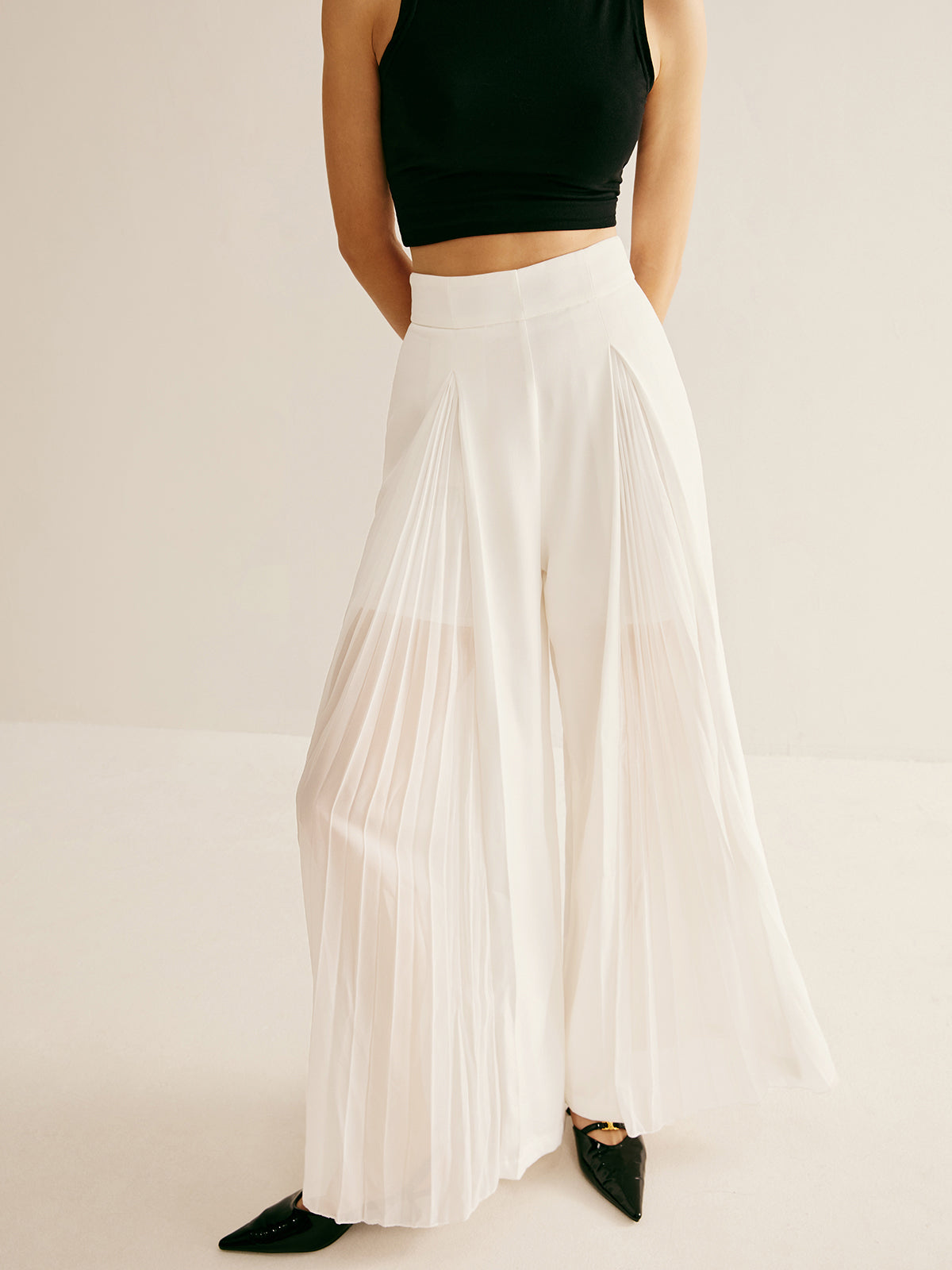 Pleated Zipper Semi-Sheer Pants