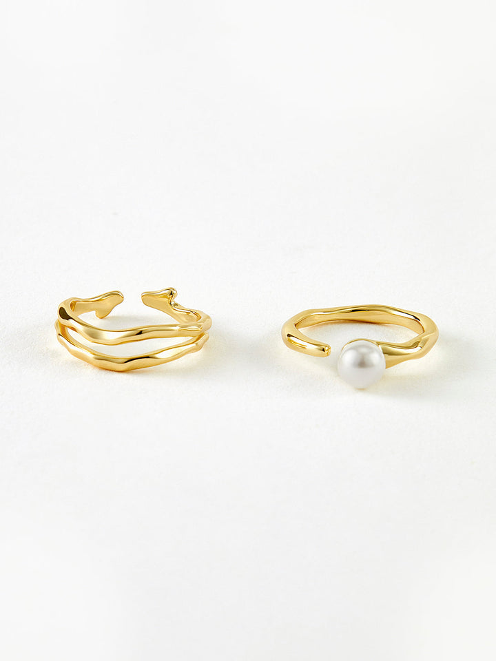 2pcs Golden Wavy Pearl Open Ring