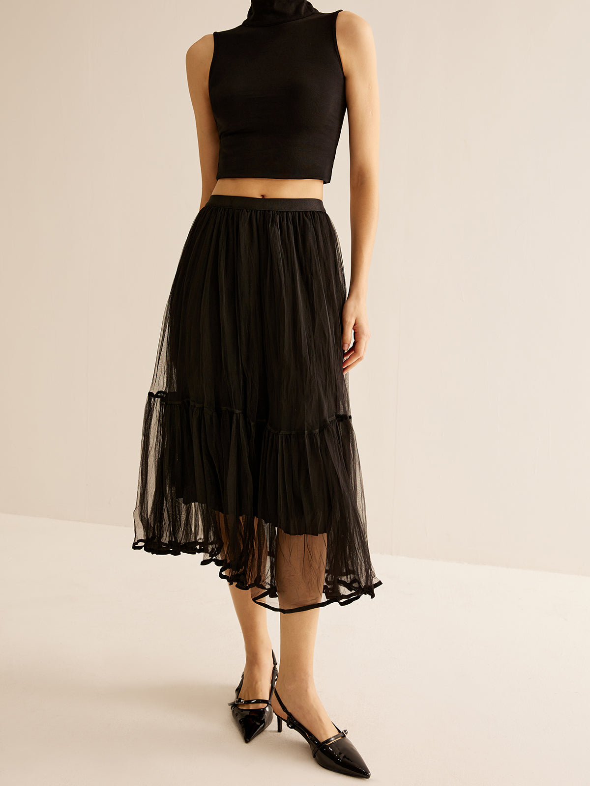 Tulle Ruffle Flowy Midi Skirt