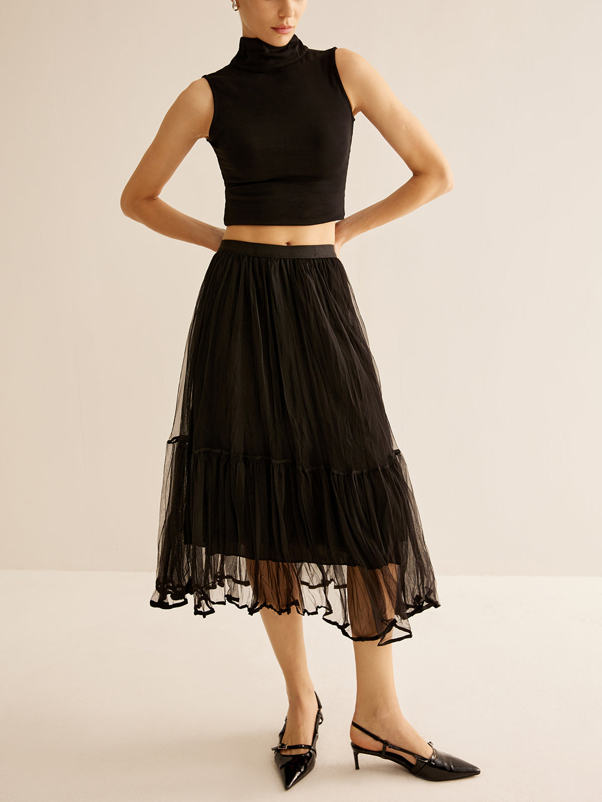 Tulle Ruffle Flowy Midi Skirt