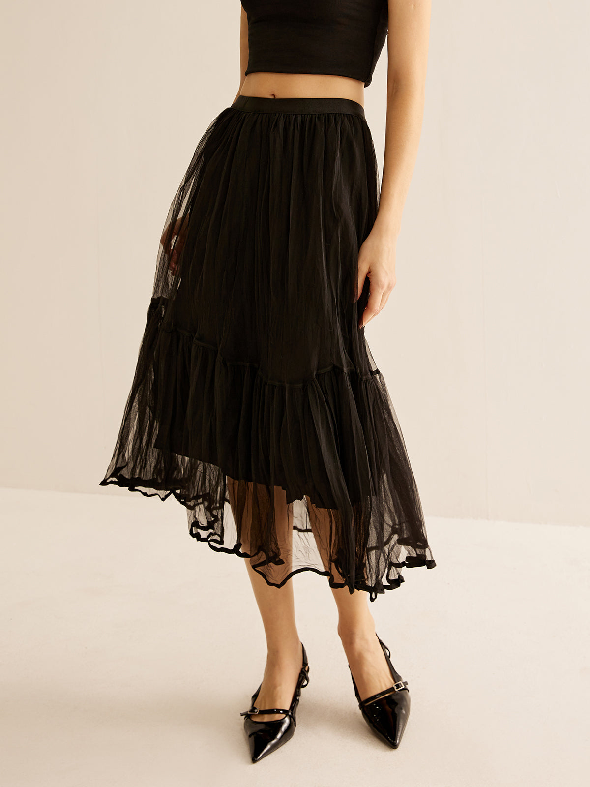 Tulle Ruffle Flowy Midi Skirt