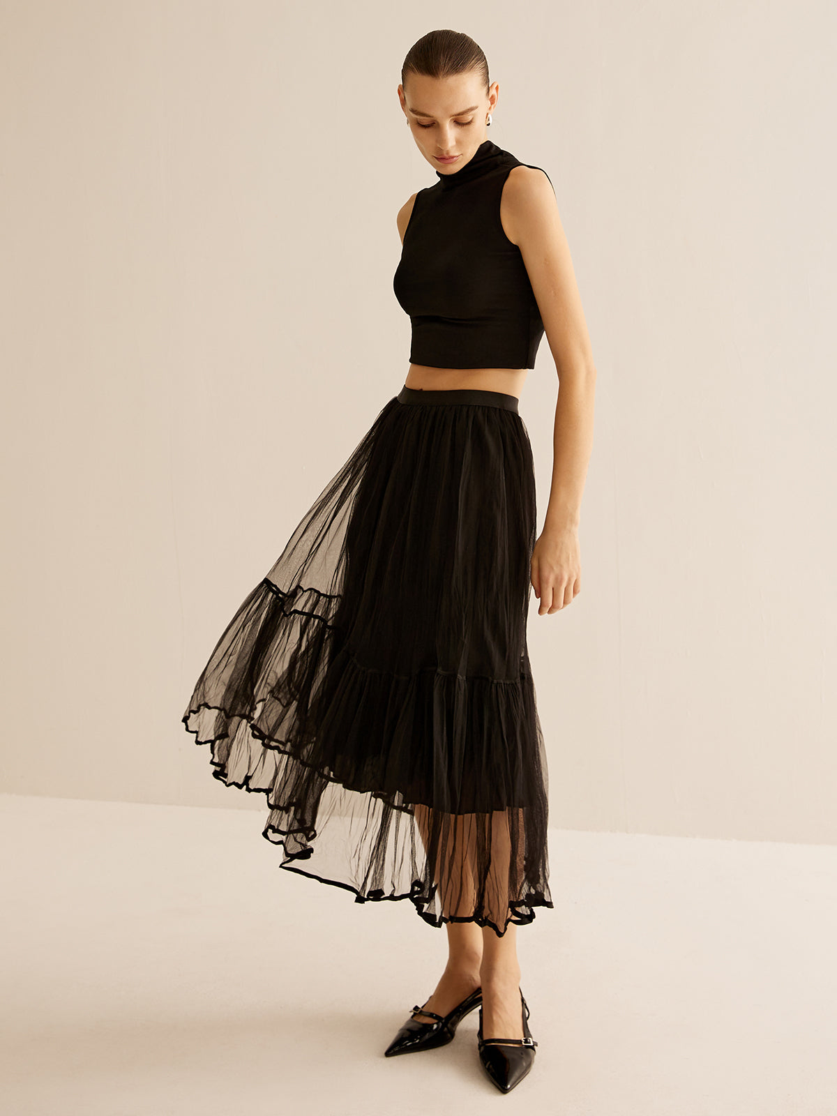 Tulle Ruffle Flowy Midi Skirt