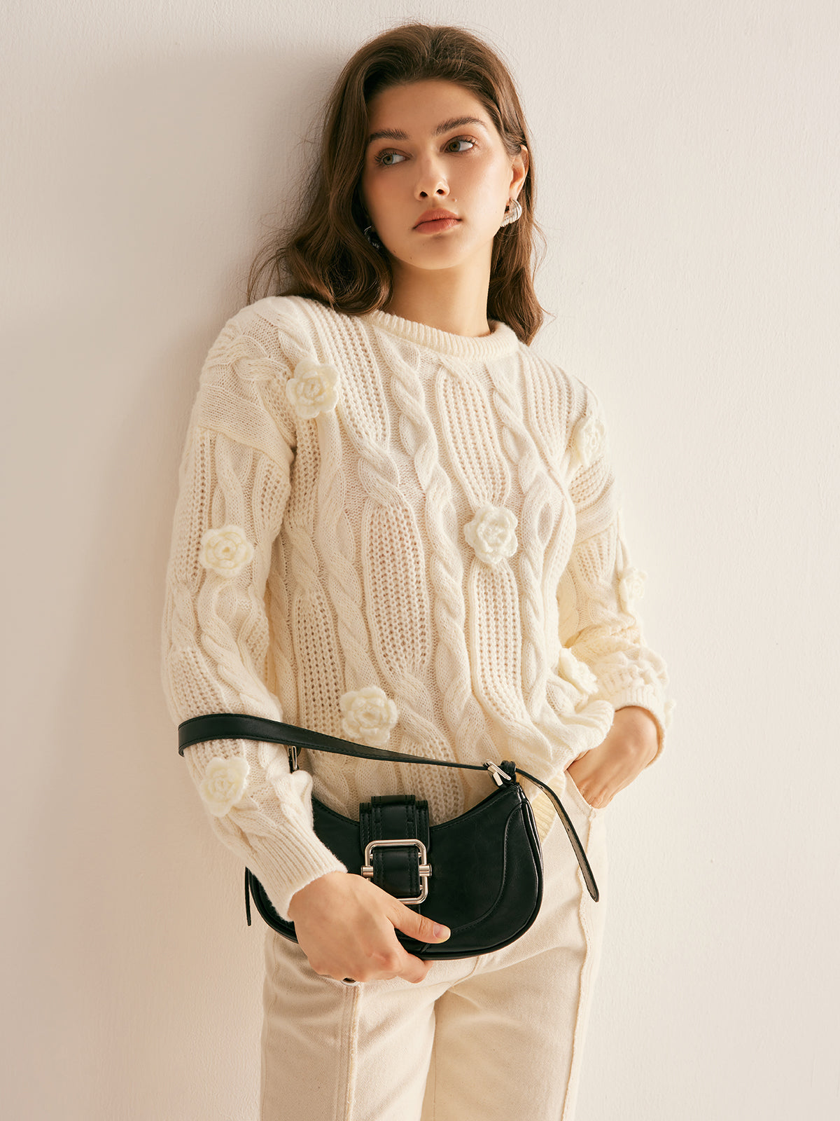 3D Flower Cable-Knit Pullover Sweater