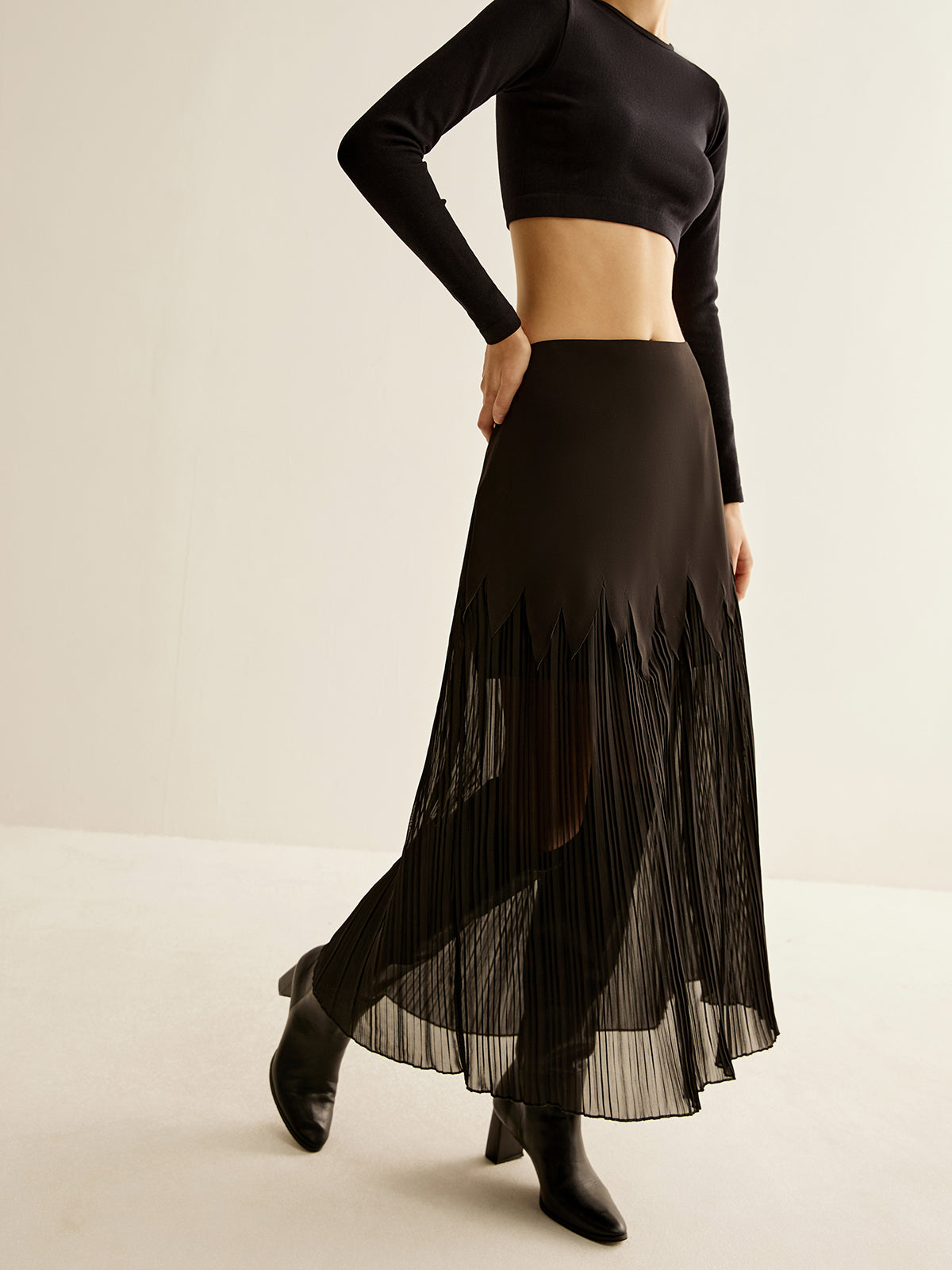 Panel Sheer Zipper Midi Skirt