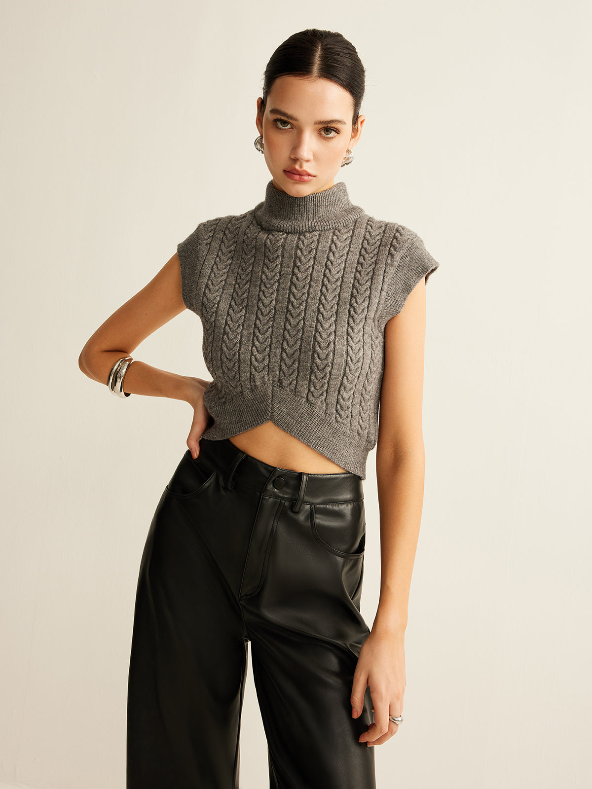 Cable-Knit Mock Neck Crop Sweater Vest