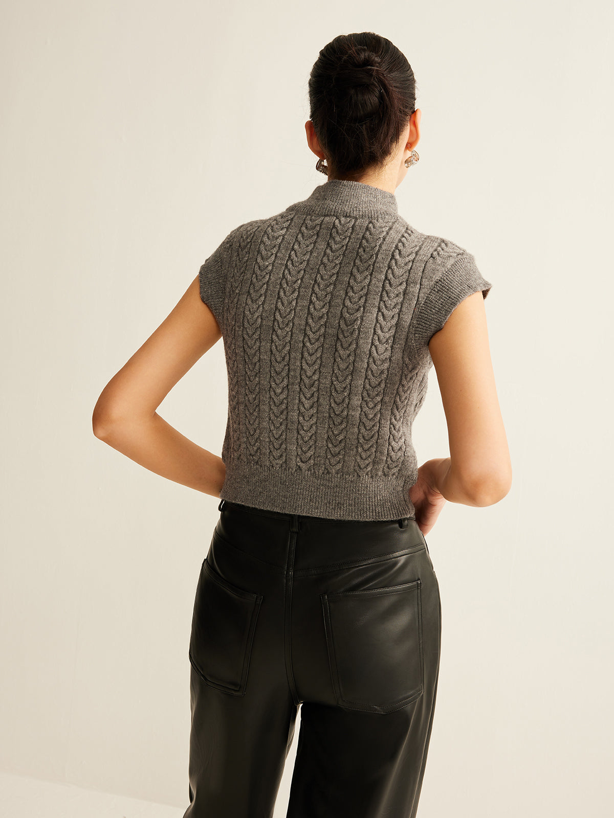 Cable-Knit Mock Neck Crop Sweater Vest