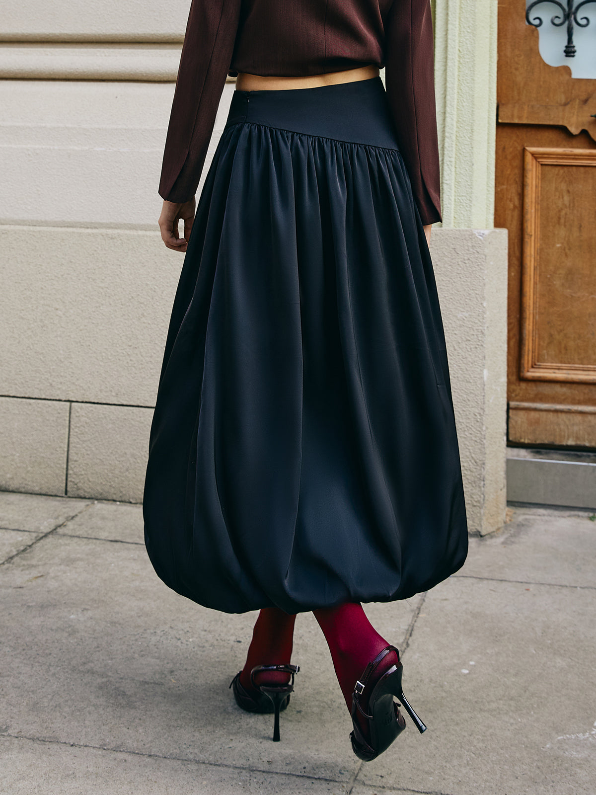 Bud Waist Pleated Satin Skirt