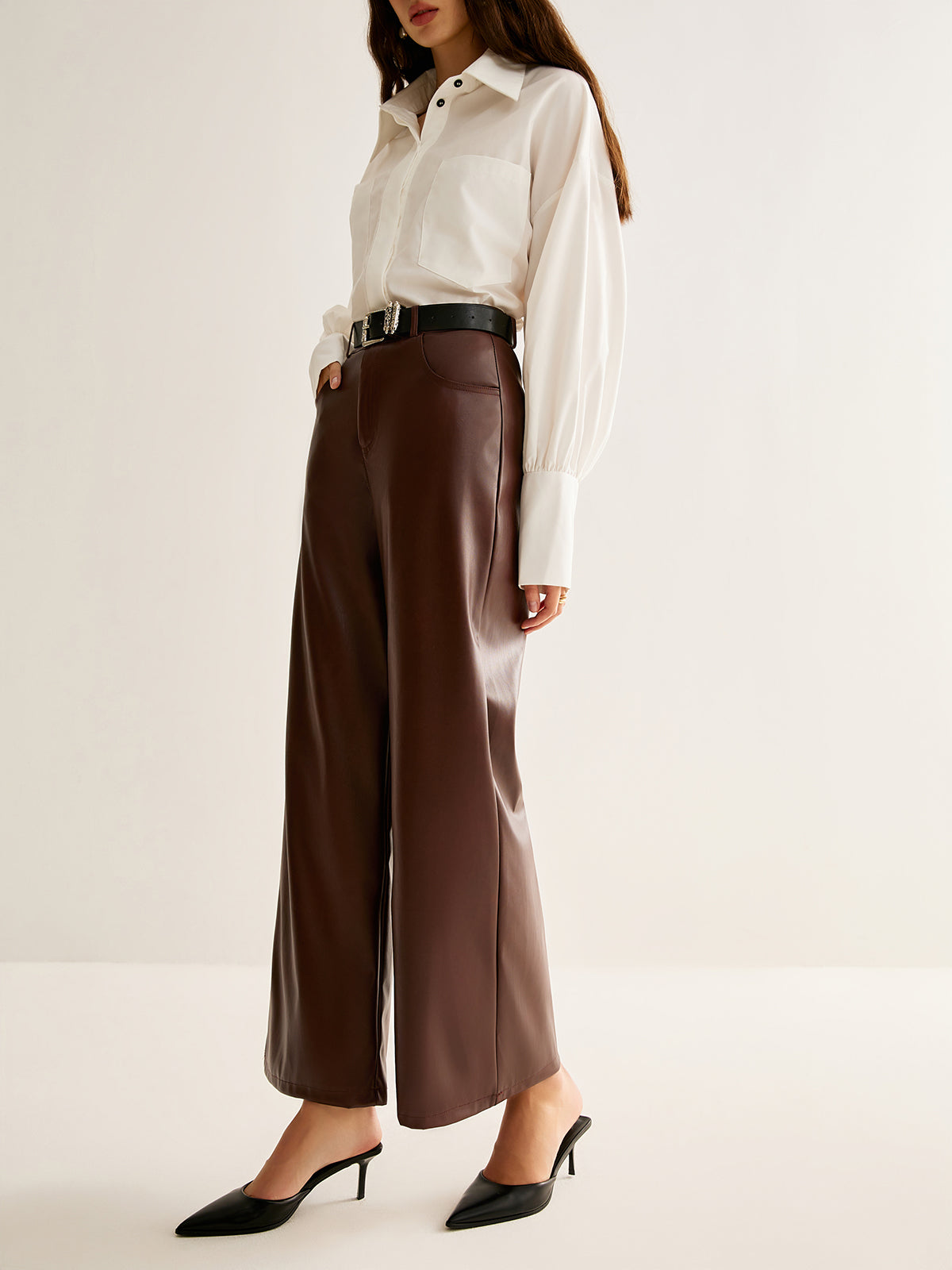 PU Leather Belted Straight Pants