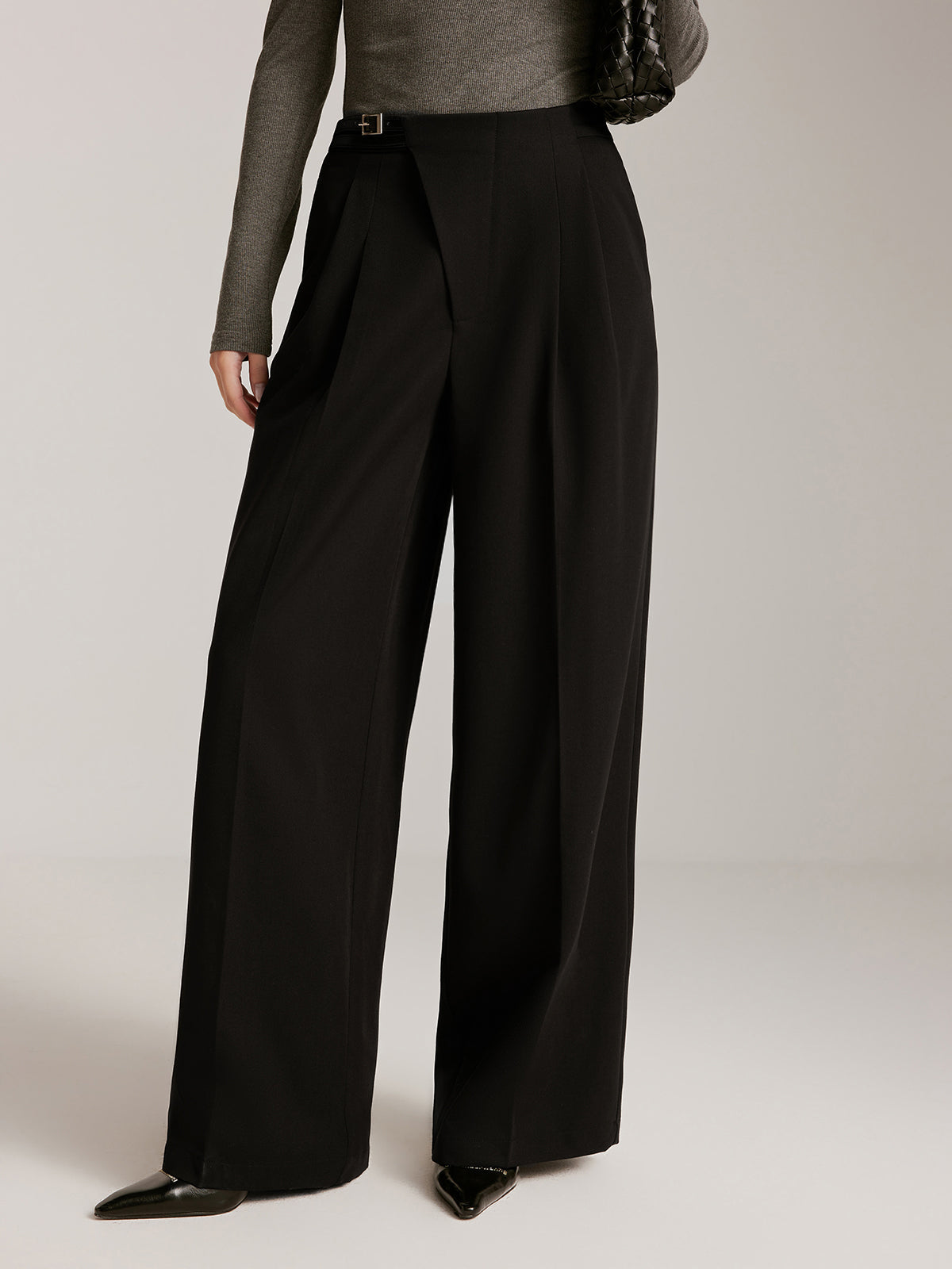 Asymmetrical Buckle Belted Pleated Pants