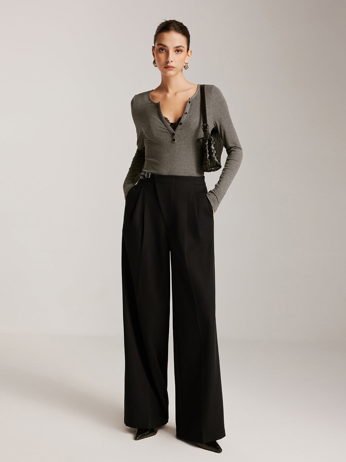 Asymmetrical Buckle Belted Pleated Pants