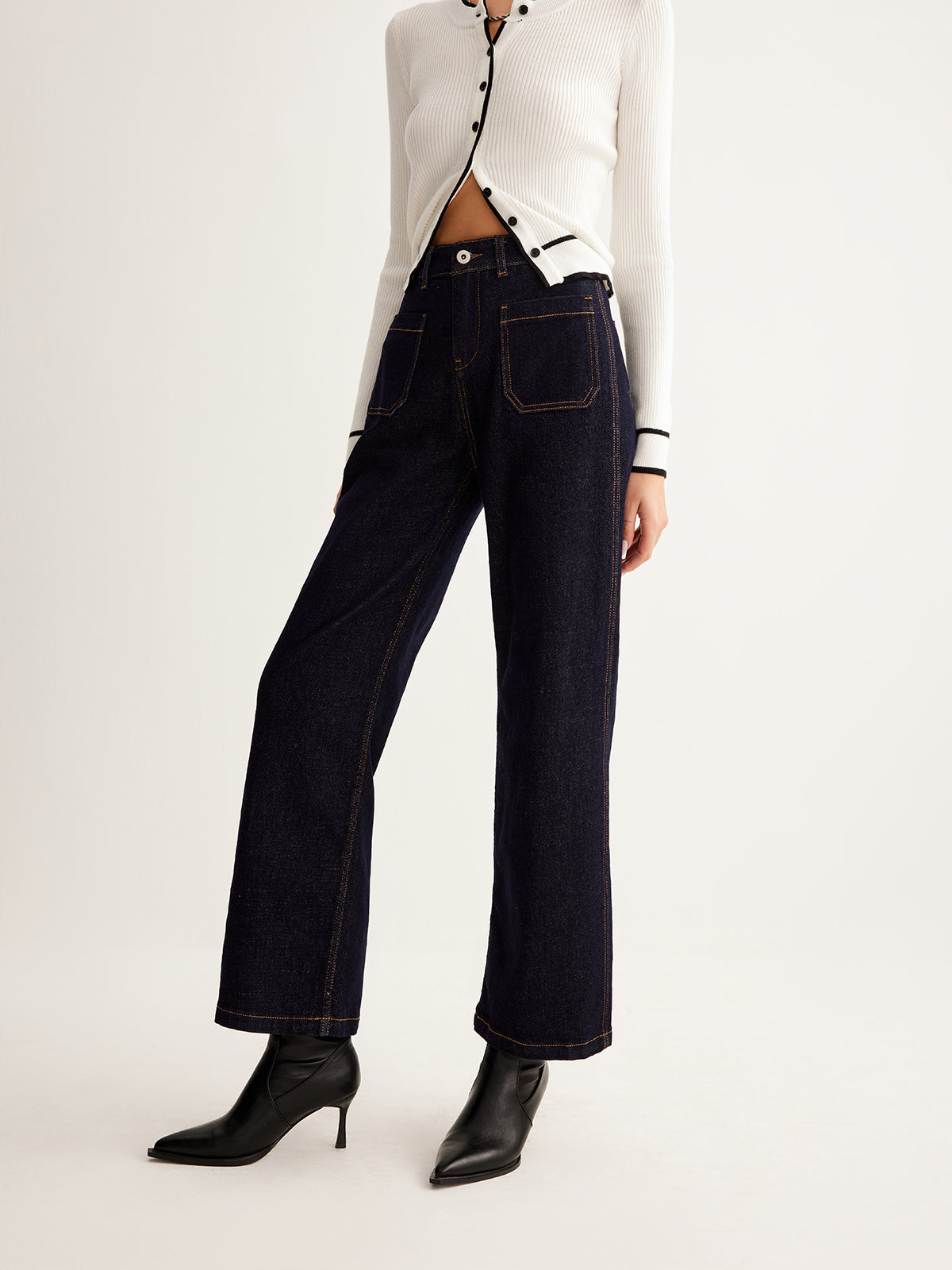 Retro Contrast Topstitching Straight Pants