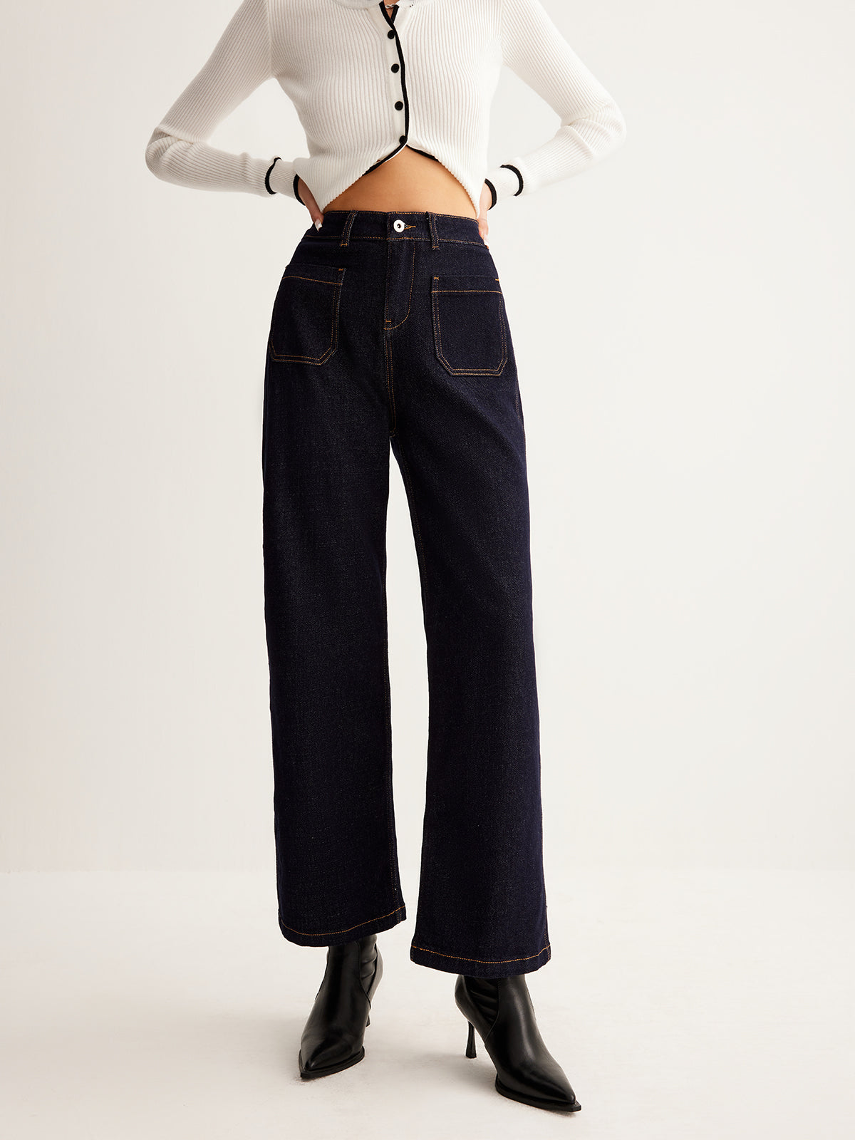 Retro Contrast Topstitching Straight Pants