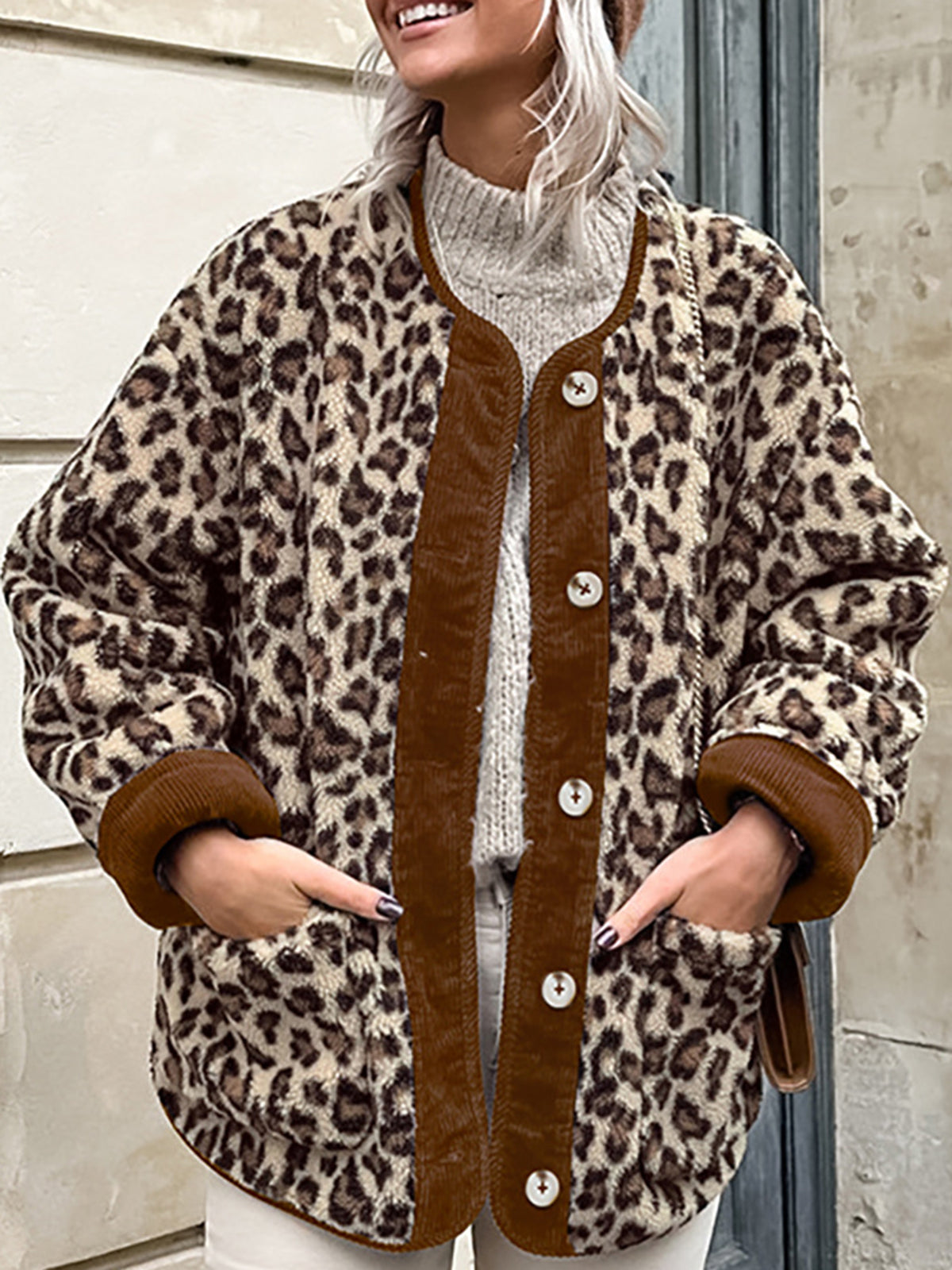 Kontrast Kenar Minky Leopar Ceket