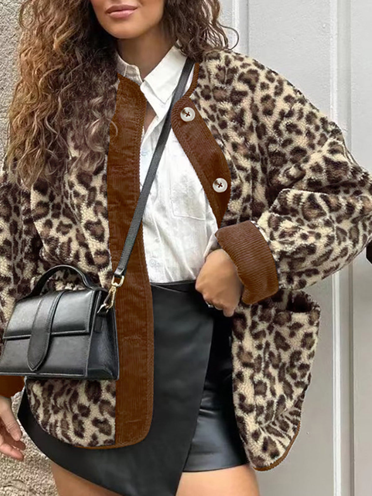 Kontrast Kenar Minky Leopar Ceket