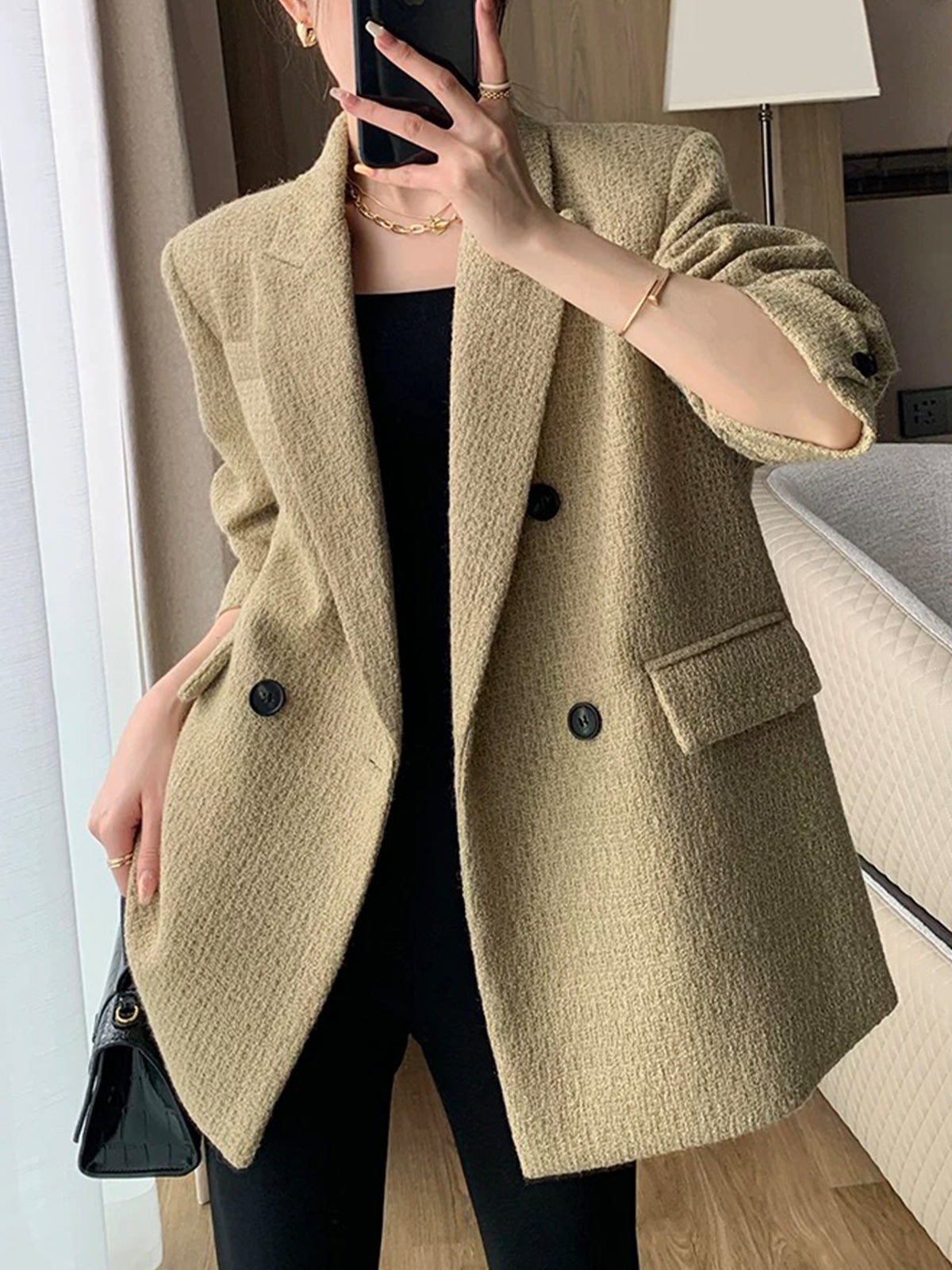 Doku Desenli Tweed Kapitone Blazer