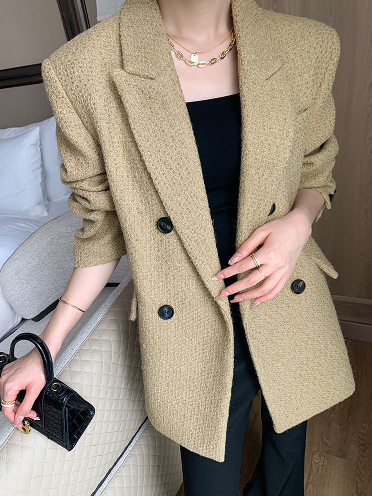 Doku Desenli Tweed Kapitone Blazer