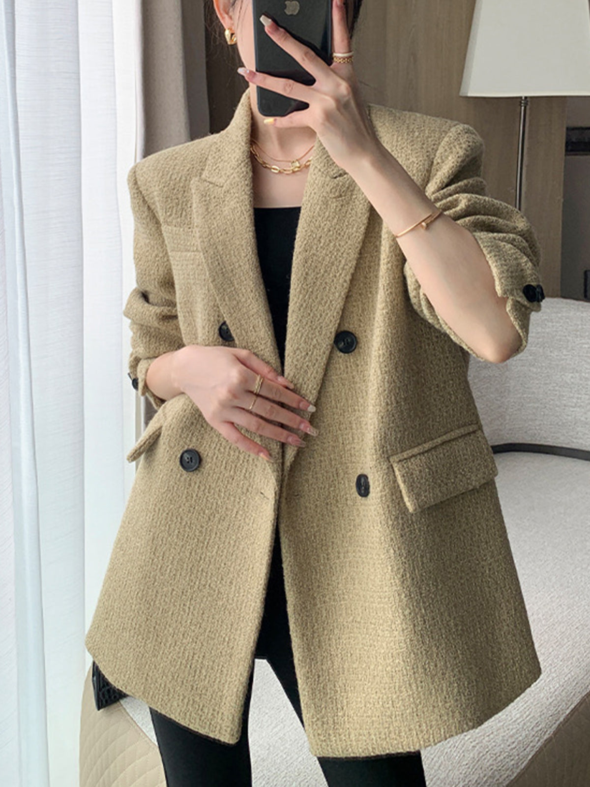 Doku Desenli Tweed Kapitone Blazer