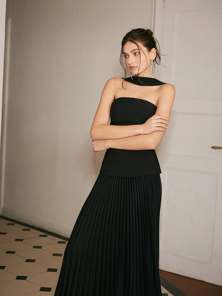 Şık Choker Yaka Plise Panel Alt-Üst Abiye Takım
