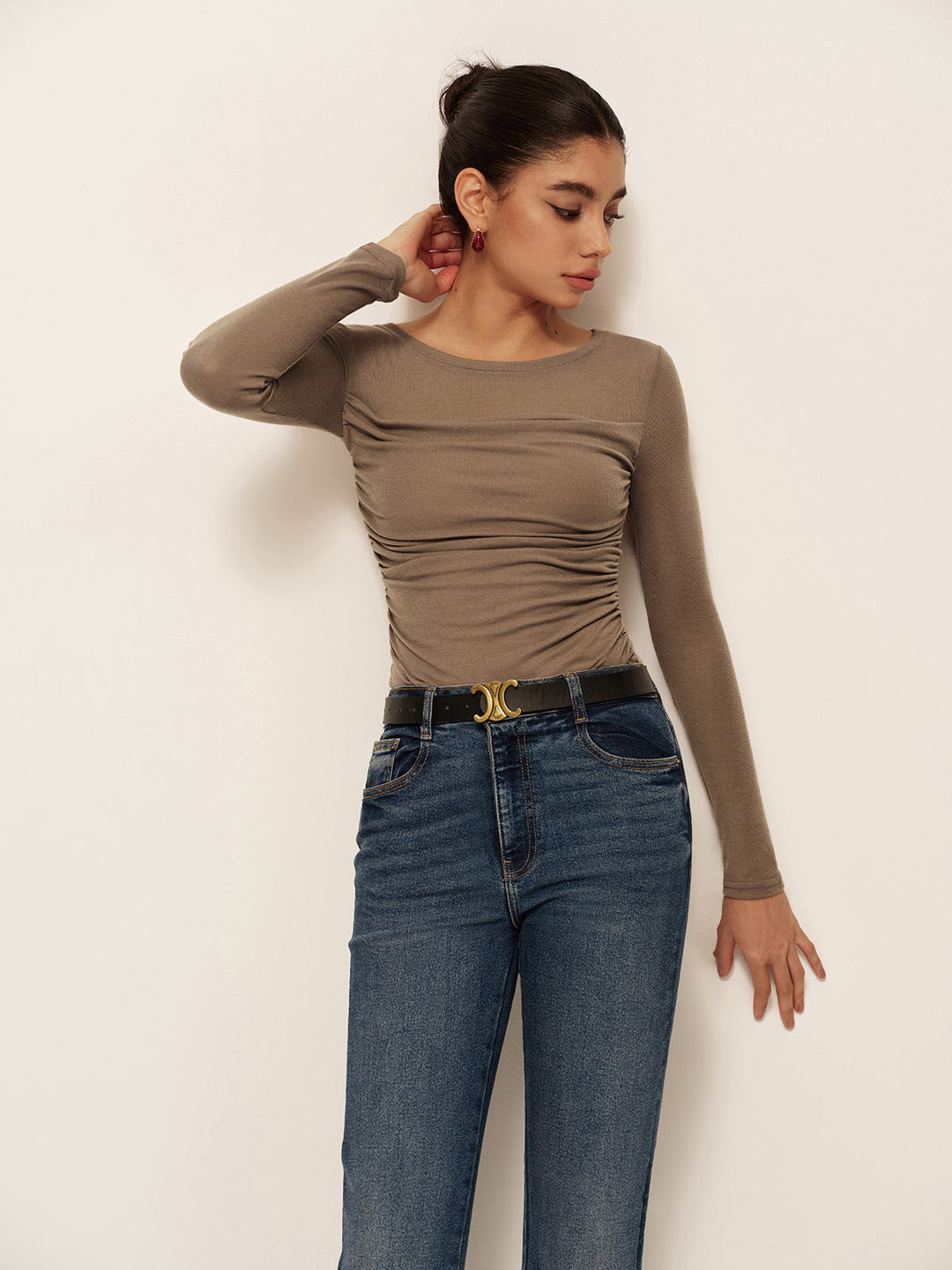 Şık Uzun Kollu Slim Fit Plise Tişört