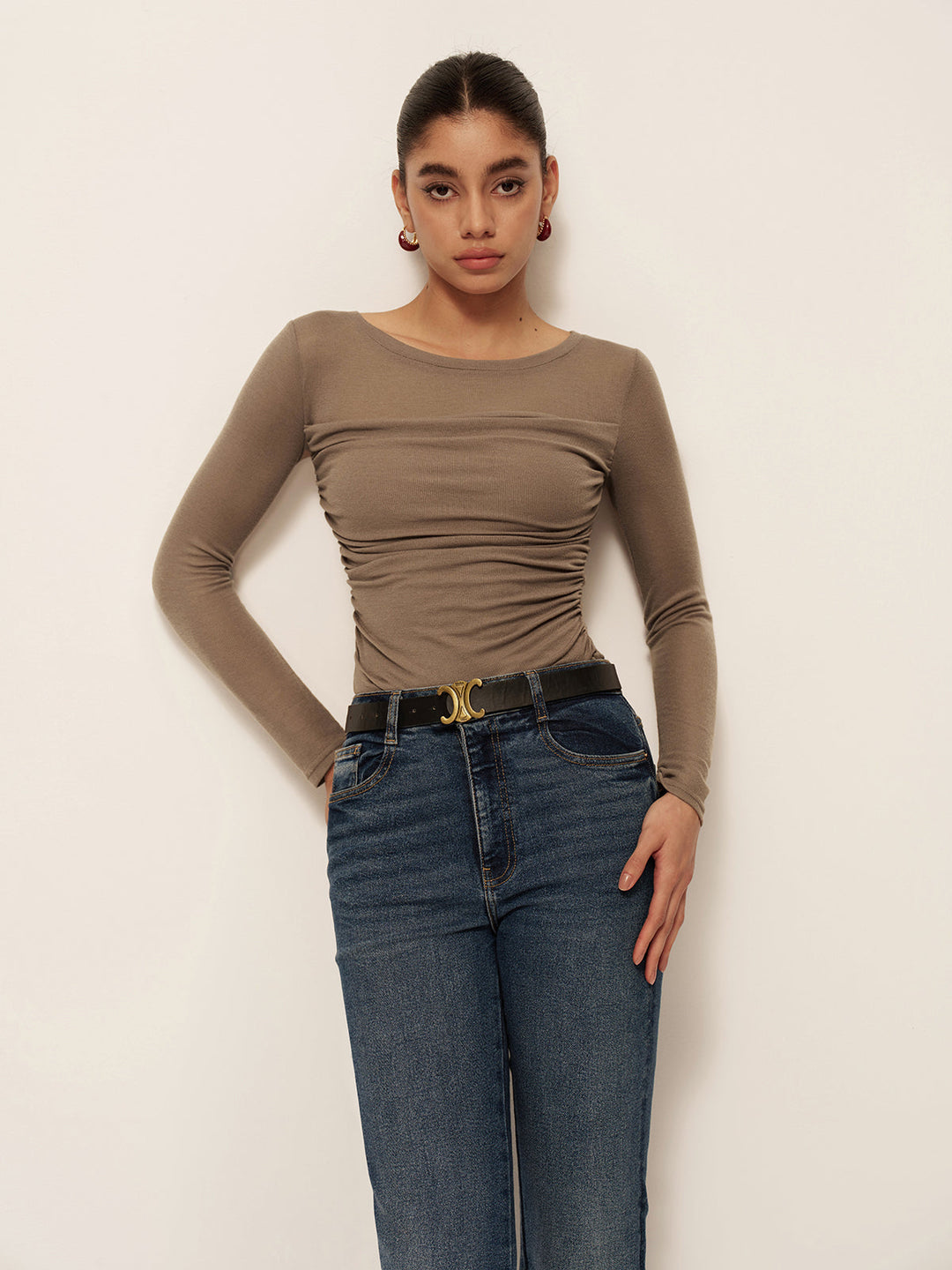 Şık Uzun Kollu Slim Fit Plise Tişört