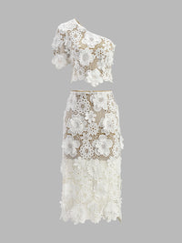 Şık Asimetrik Çiçek Desenli Dantel Üst ve Etek Takımı