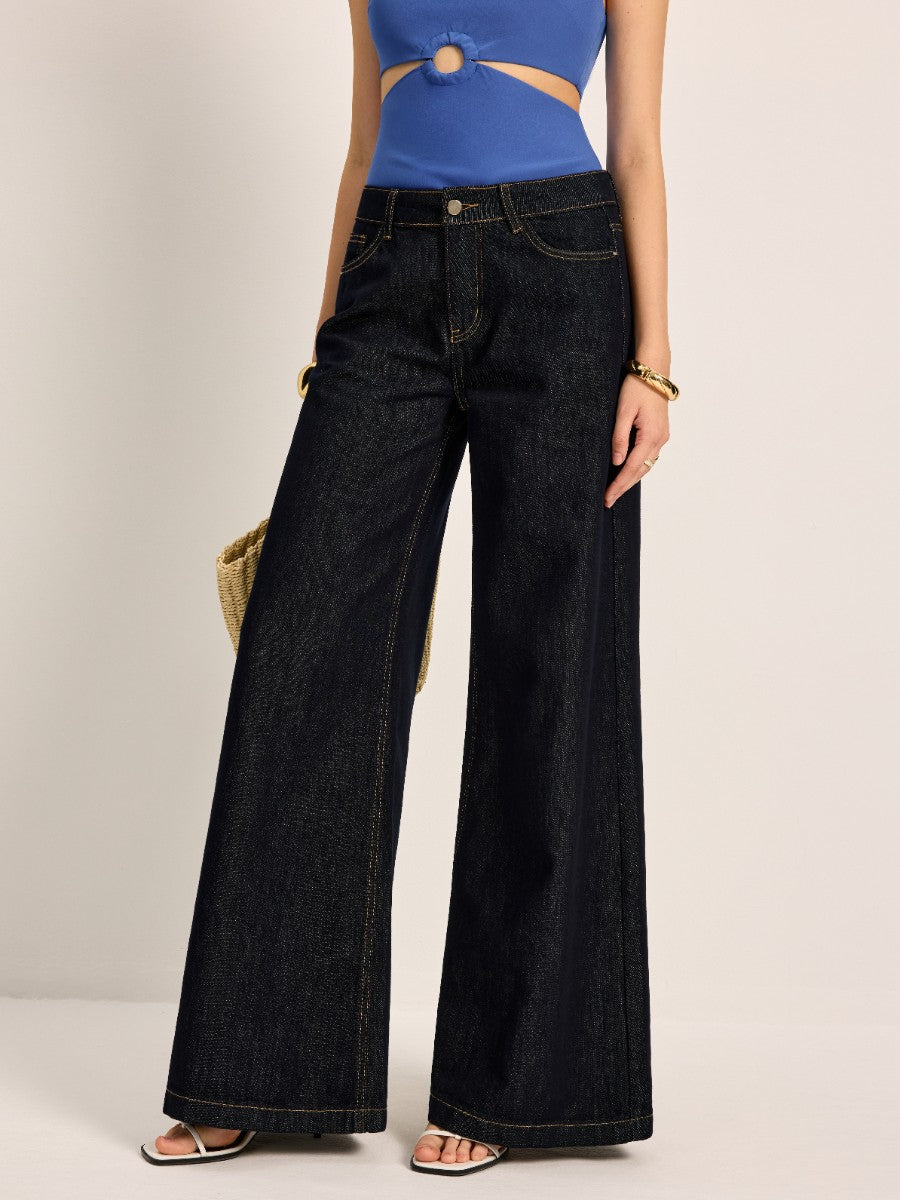 Şık Yüksek Bel Geniş Paça Denim Pantolon