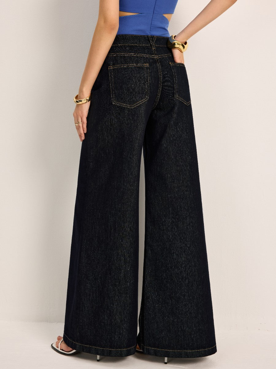 Şık Yüksek Bel Geniş Paça Denim Pantolon