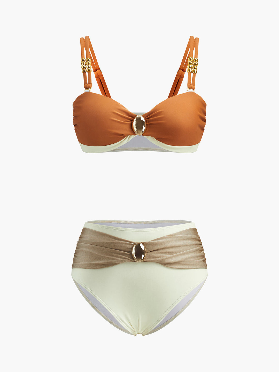 Canlı Renk Bloklu Bikini Seti Şık Kemer Tasarımı ile