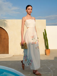 Şık Çiçek Desenli Dantel Bağcıklı Sırt Dekolteli Kolsuz Abiye Elbise