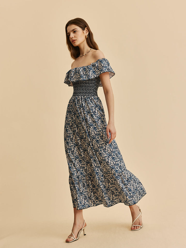 Şık Boho Off-Shoulder Çiçekli Volan Elbise Şaşırtıcı Ayrıntılarla