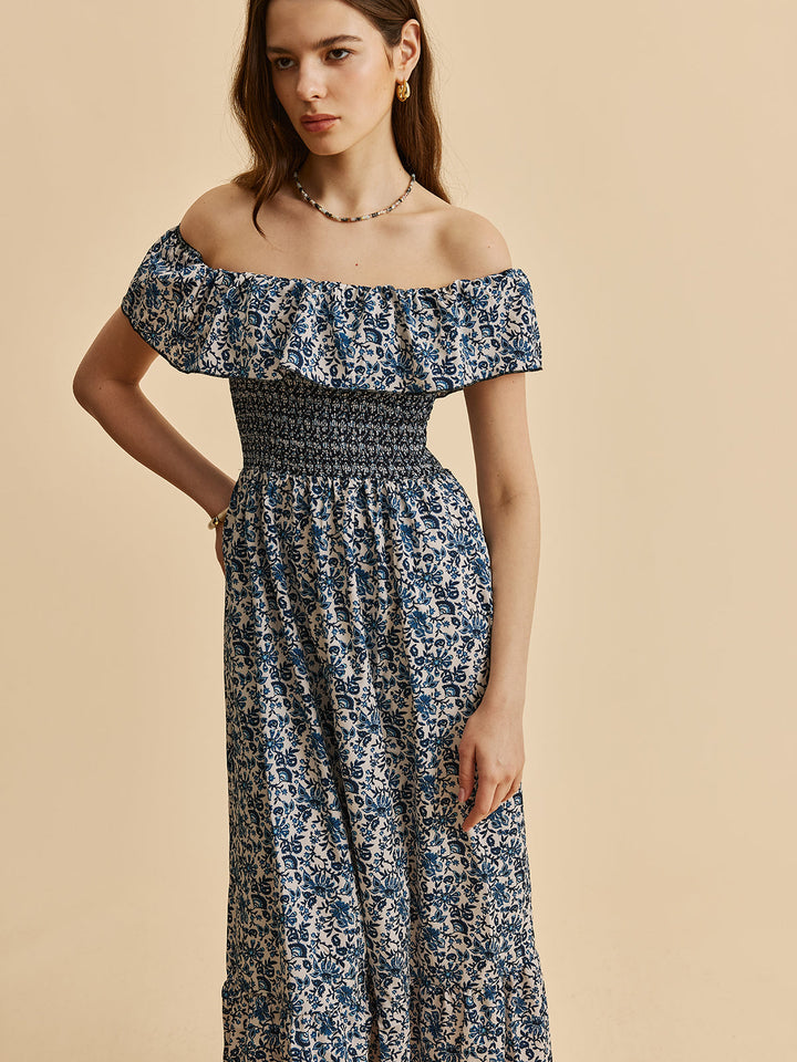 Şık Boho Off-Shoulder Çiçekli Volan Elbise Şaşırtıcı Ayrıntılarla