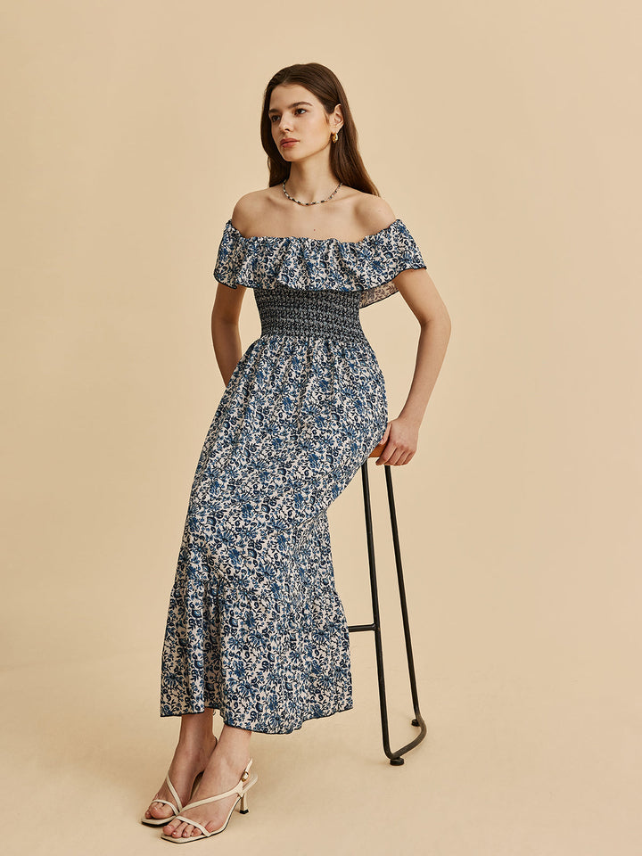 Şık Boho Off-Shoulder Çiçekli Volan Elbise Şaşırtıcı Ayrıntılarla