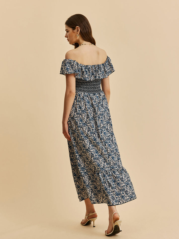 Şık Boho Off-Shoulder Çiçekli Volan Elbise Şaşırtıcı Ayrıntılarla