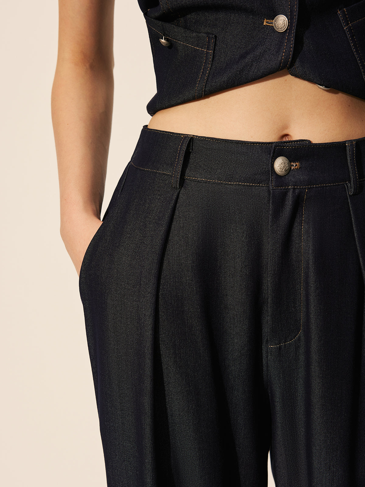 Şık Orta Bel Geniş Paça Denim Pantolon, Pratik Ceplerle
