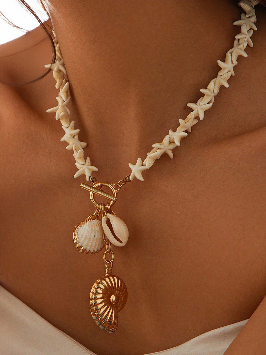 Şık Deniz Yıldızı ve Kabuk Kolye Boncuklu Necklace
