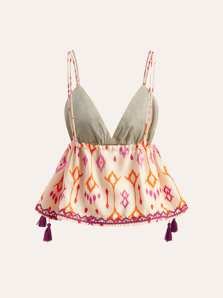 Şık Boho Nakışlı Askılı Bluz, Trendy Kordon Püsküllerle