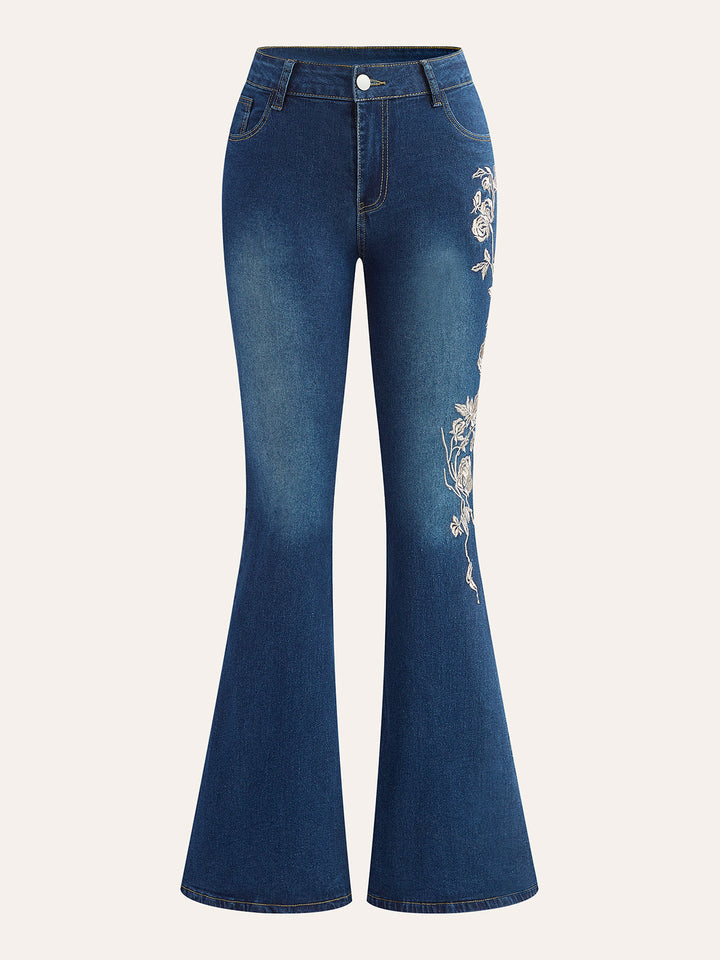 Şık Orta Bel Sıfır Paça Jeanler Elegant Nakışlı