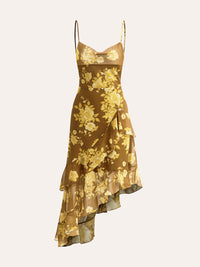 Çekici Çiçek Desenli Volanlı Etek Arkadan Bağlamalı Askılı Elbise