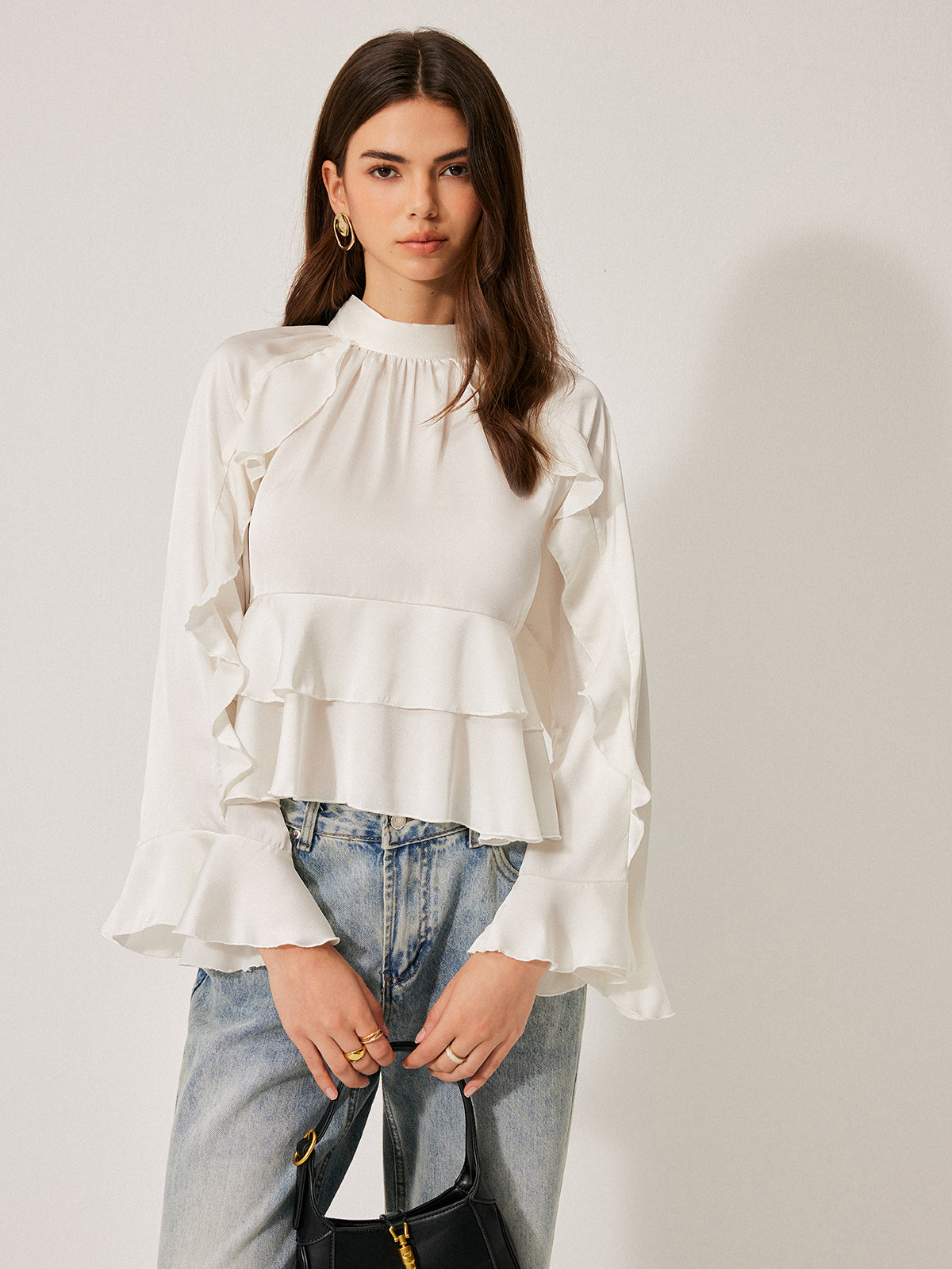 Şık Düğme Detaylı Stand Yaka Volanlı Peplum Bluz