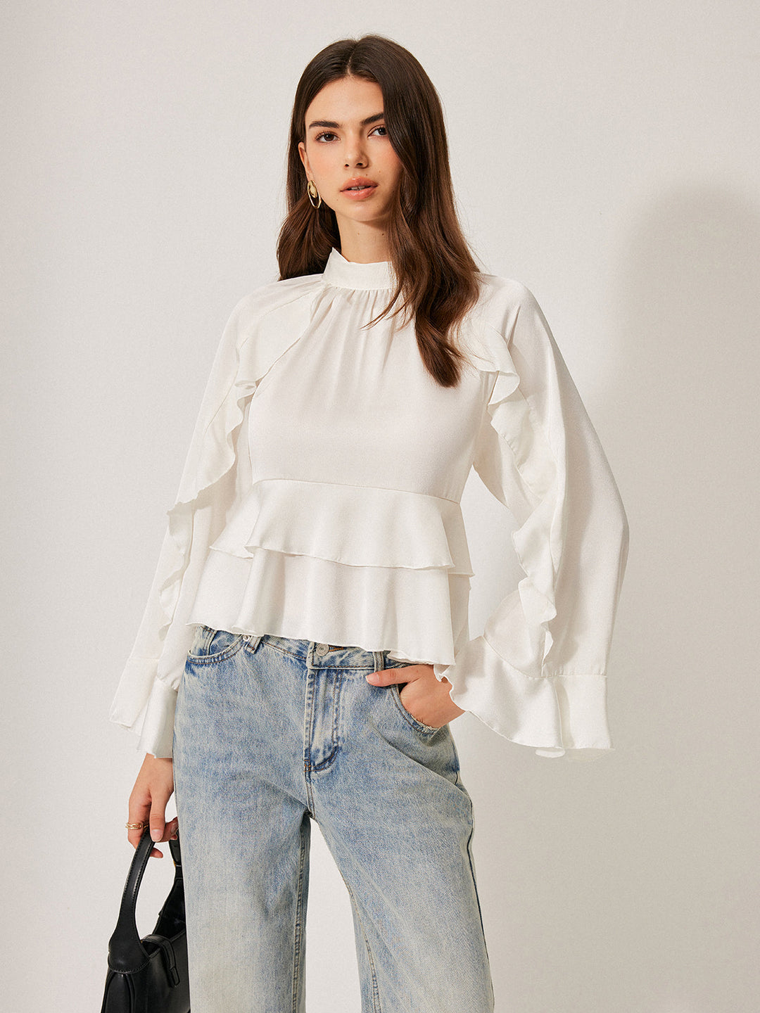 Şık Düğme Detaylı Stand Yaka Volanlı Peplum Bluz