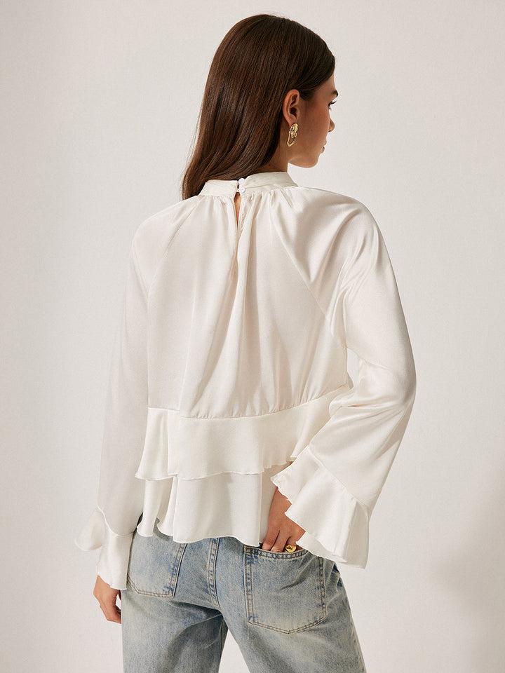 Şık Düğme Detaylı Stand Yaka Volanlı Peplum Bluz