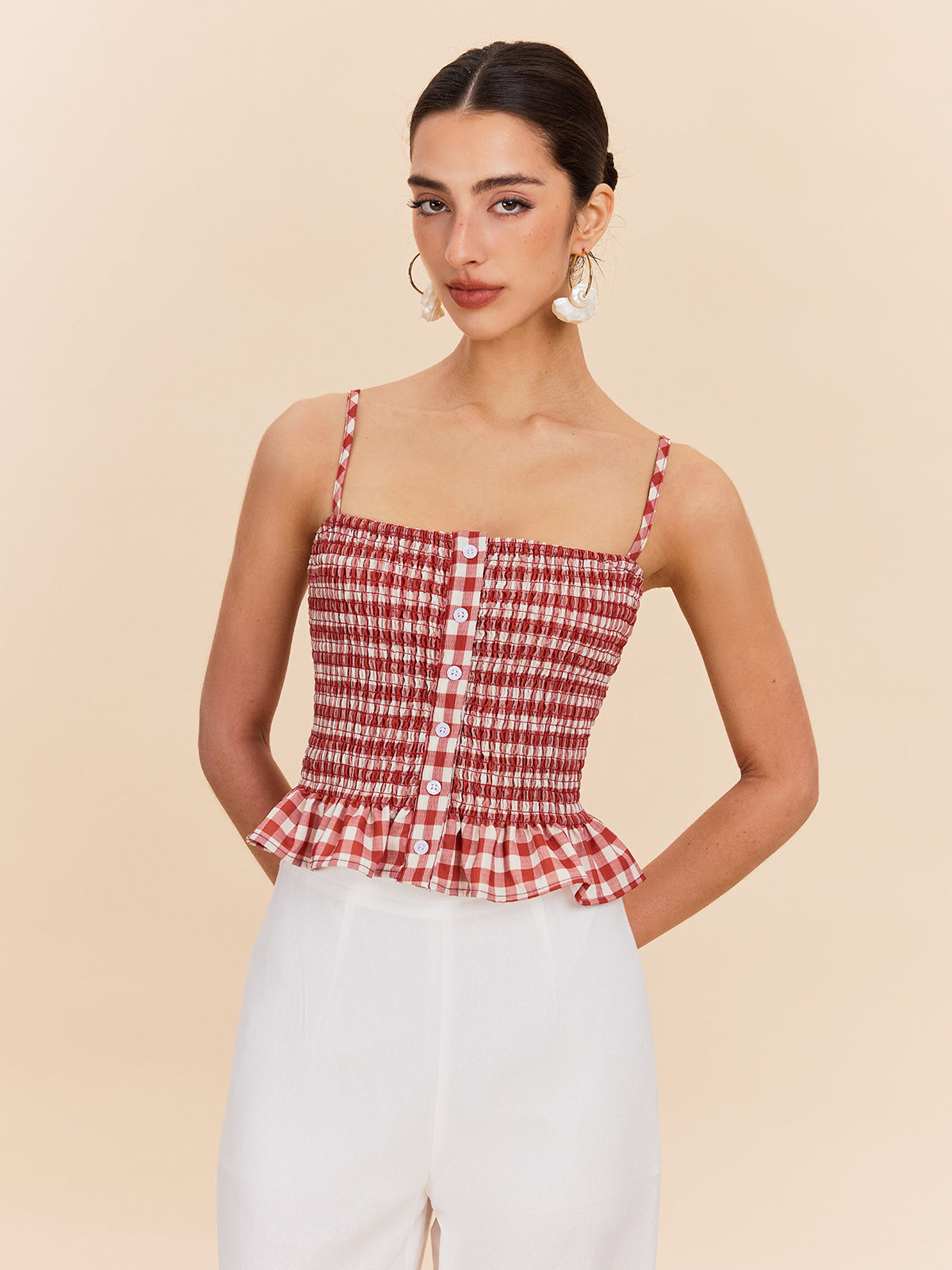 Şık Gingham Büzgülü Peplum Askılı Bluz