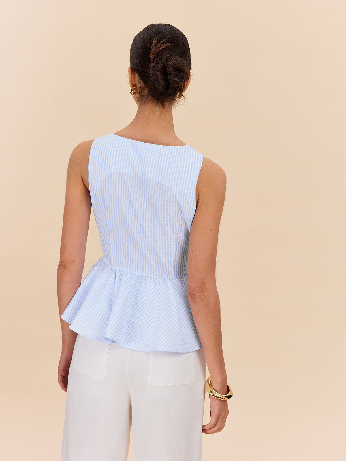 Şık Çizgili Peplum Üst sevimli Fiyonk Aksanları ile