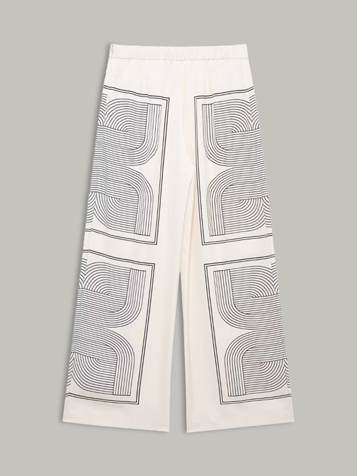 Şık Orta Bel Geniş Paçalı Pantolon, Şık Geometrik Desenli